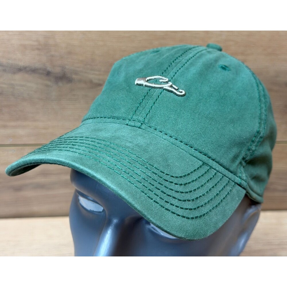 Drake Waterfowl Systems Green Cotton Twill Cap Leather Strapback Hat Duck Logo
